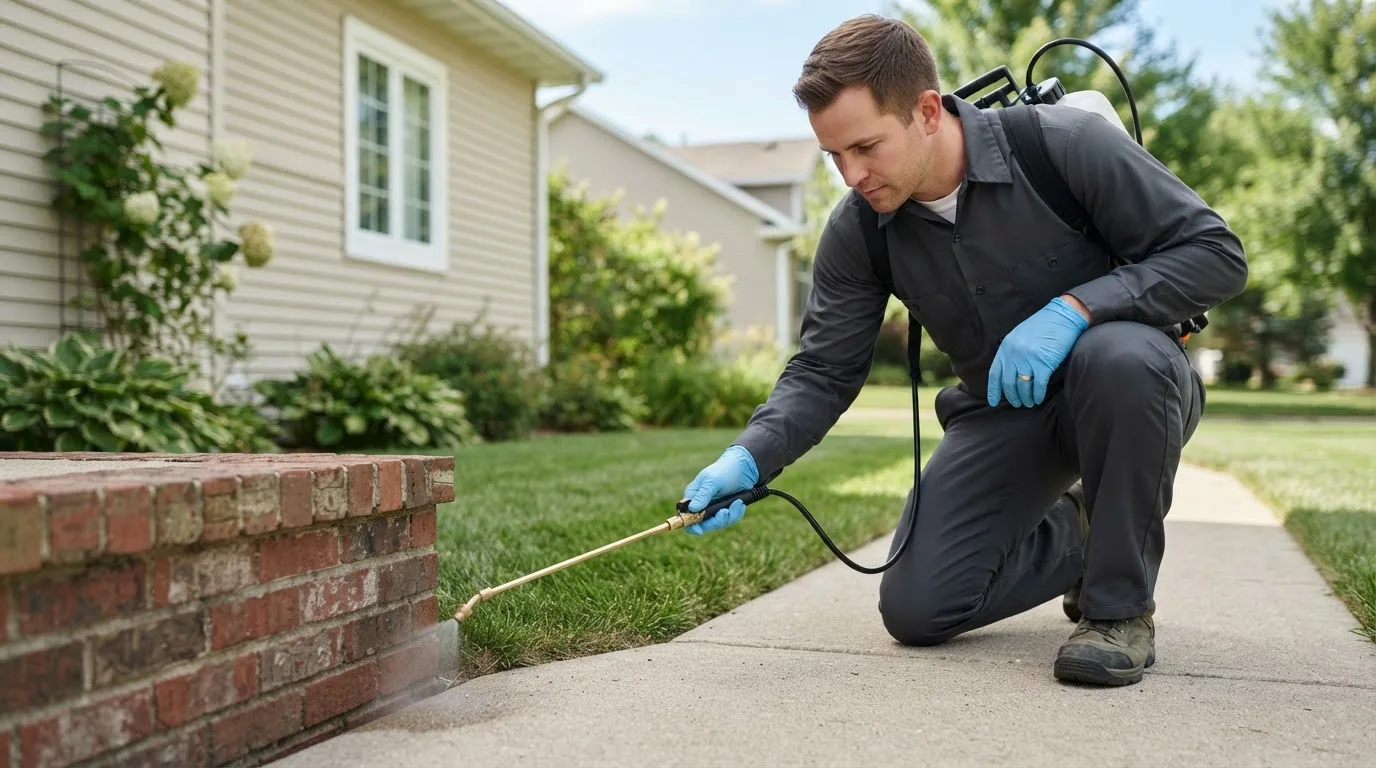 Pest control technician treating a home near Du Bois, NE