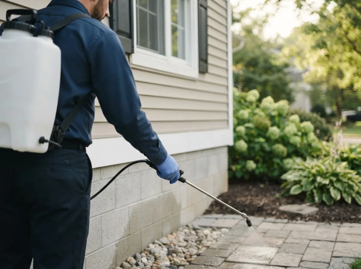 Pest control technician inspecting a home in Du Bois, NE